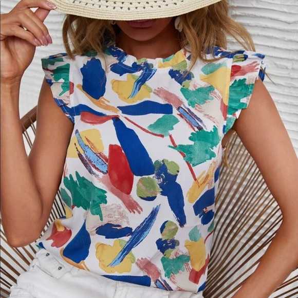 Pink blue butterfly sleeve mock neck watercolor blouse - Picture 1 of 6